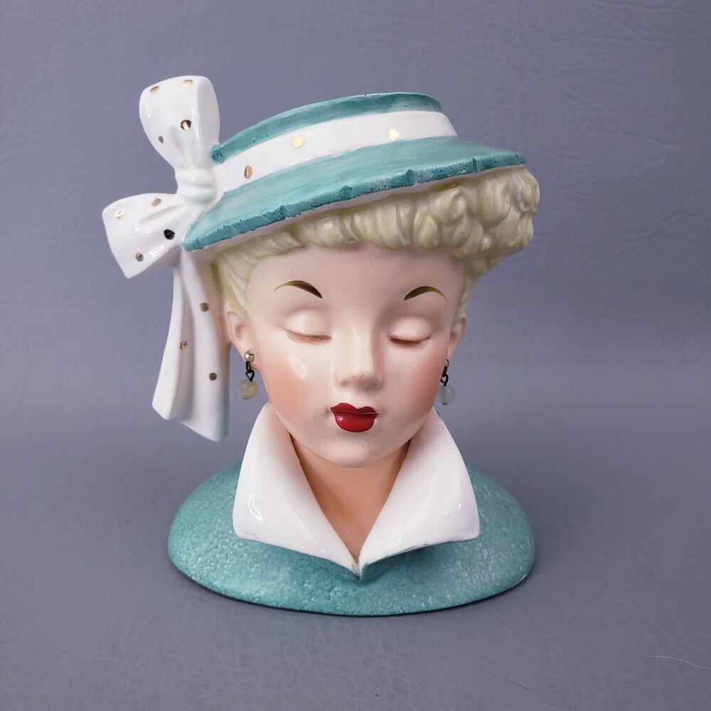 Vintage 1959 Napco Lady Head Vase C3959C Lucille Ball Lucy Aqua Hat 5" Japan - Picture 2 of 13
